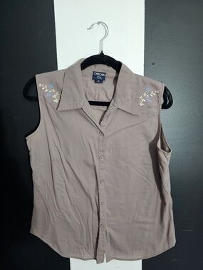 Cherokee Sleeveless Button-Front Top in Taupe with Floral Embroidery